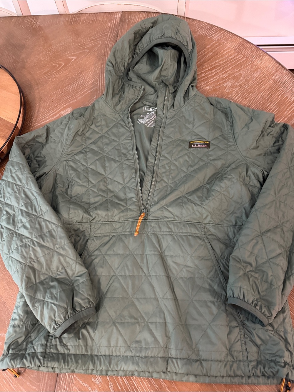 L.L. Bean Quilted Hooded Pullover Puffer in Olive